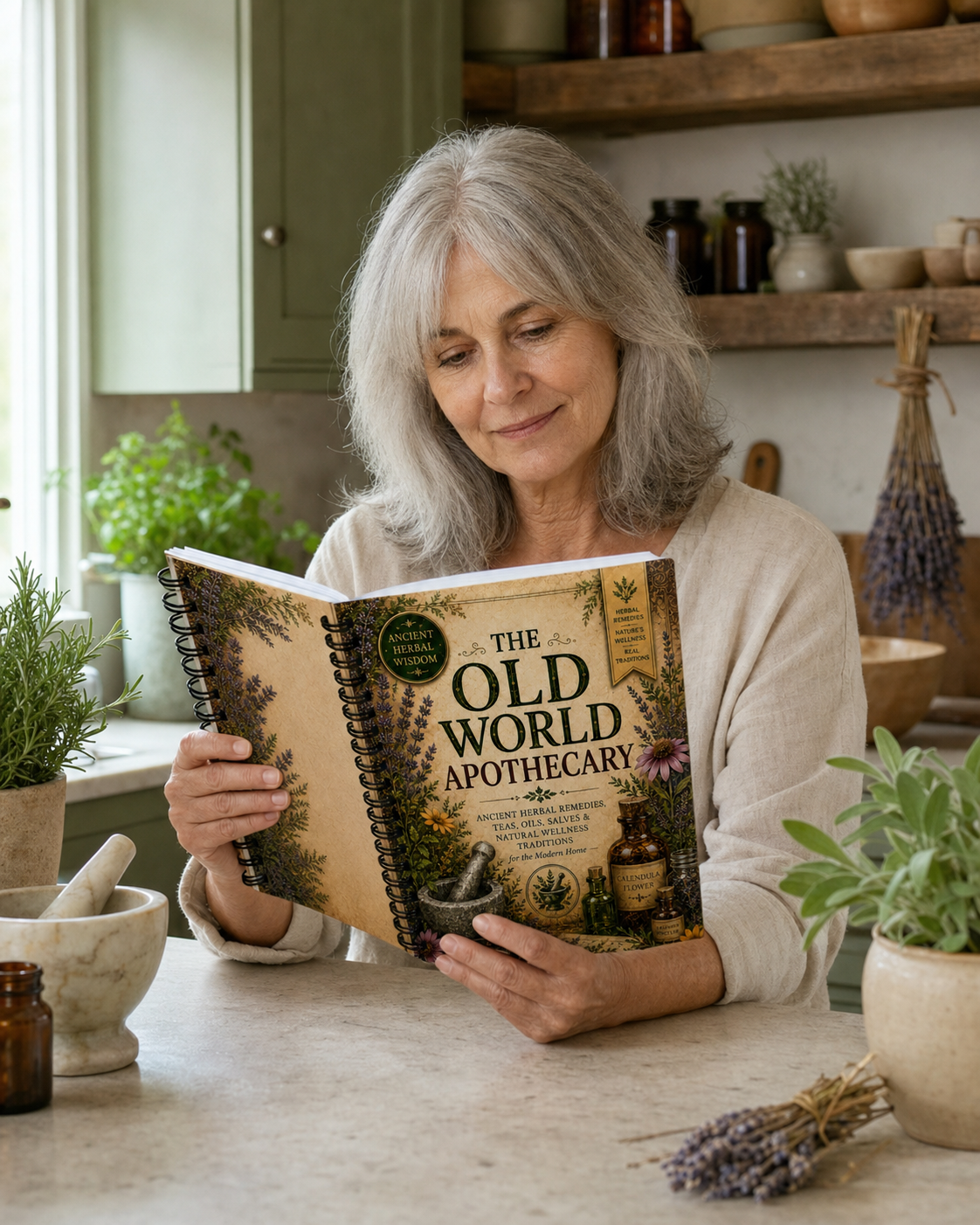 Woman in her sixties reading The Old World Apothecary in an herbal kitchen