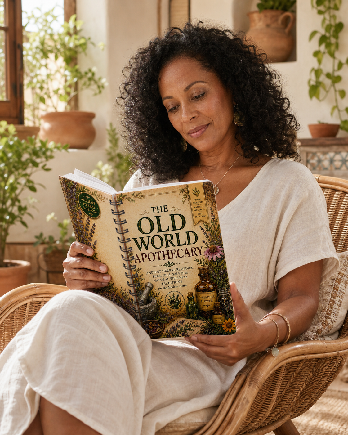 Woman discovering natural preparations in The Old World Apothecary